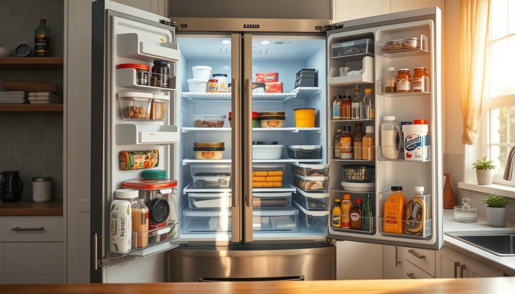 Refrigerator storage hacks: A well-lit kitchen interior with a modern, stainless steel refrigerator in the middle. Its doors are open, revealing neatly organized shelves stocked with labeled containers, plastic bins, and clear jars. The foreground showcases various storage solutions like wire racks, door-mounted organizers, and rotating turntables. In the background, the kitchen countertops are clutter-free, complementing the streamlined, functional aesthetic. Warm, natural lighting filters through the windows, casting a cozy glow over the efficient, life-hacked refrigerator space.