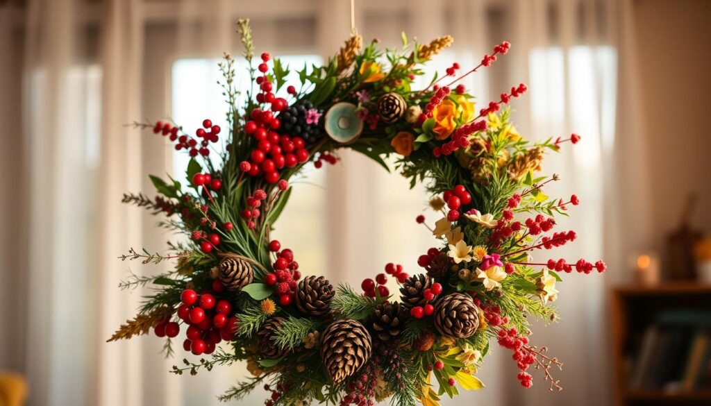 Unique handcrafted wreath against a soft, diffused light. In the foreground, an array of natural materials artfully arranged - vibrant berries, fragrant herbs, delicate flowers, and textured pinecones. The middle ground features a rustic wooden frame, gently distressed, serving as the base for this one-of-a-kind design. In the background, a serene, blurred setting, hinting at a cozy, inviting atmosphere. Illuminated by warm, directional lighting that casts gentle shadows, accentuating the depth and dimension of the composition. The overall mood is one of natural elegance, creativity, and a sense of crafted beauty.