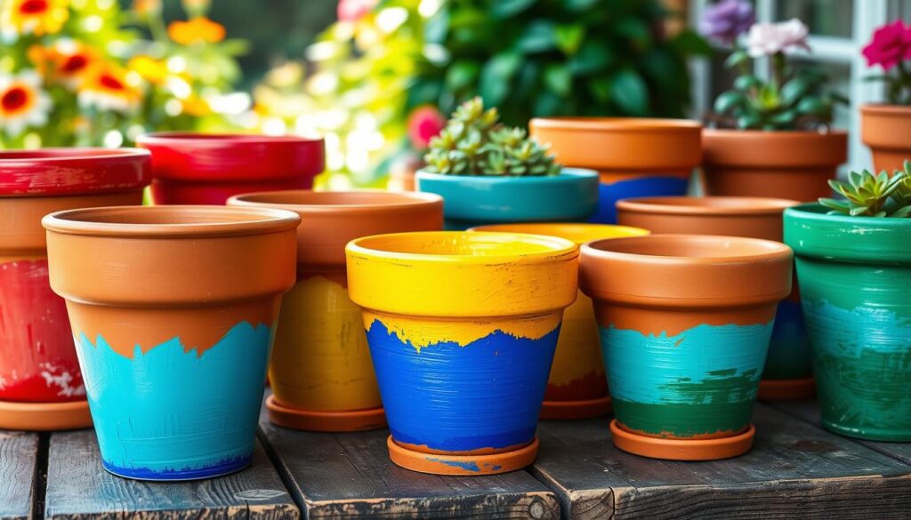 Vibrant array of painted planters arranged in a whimsical, sun-dappled vignette. Foreground showcases a collection of terracotta pots in a rainbow of saturated hues - crimson red, canary yellow, cobalt blue, emerald green. Glossy, brushstroke textures capture the lively, expressive nature of the paint. Planters sit atop a rustic wooden table, its weathered surface complementing the dynamic colors. Background features a lush, blurred garden scene, hinting at the natural world beyond. Soft, diffused lighting casts a warm, inviting glow, heightening the cheerful, artful mood. A sense of creative playfulness and DIY charm permeates the entire composition.