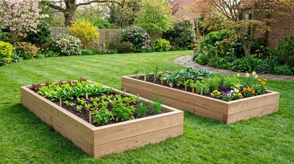 Completed 4x8 DIY raised garden bed filled with rich organic vegetable soil