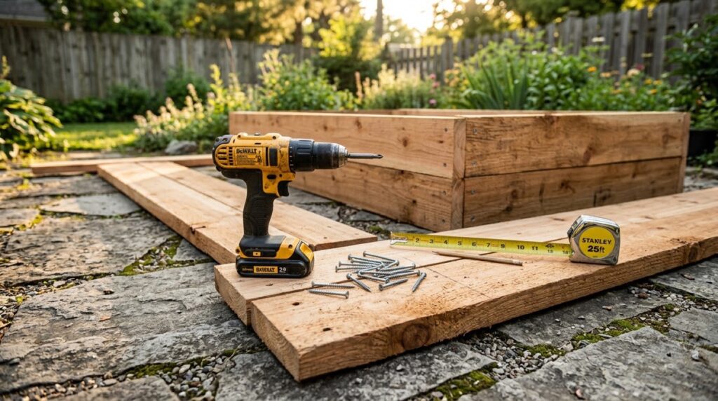 Assembly of wooden garden bed frame with corner cleats and exterior deck screws