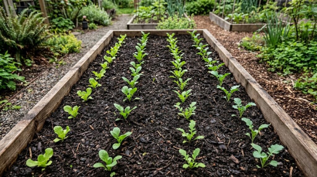 Newly planted vegetable seedlings growing in a budget DIY raised garden box
