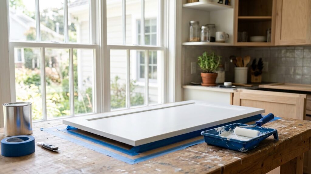 Painted cabinet door drying flat with a smooth factory finish and painting supplies.