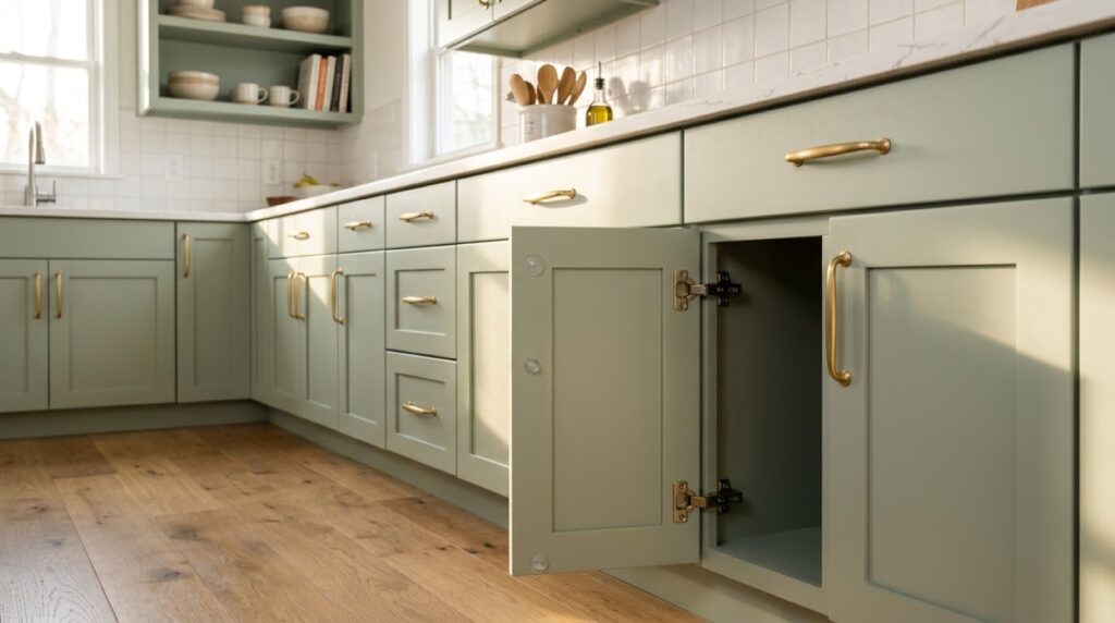 Reassembled kitchen cabinets showing smooth painted doors and new brass hardware.
