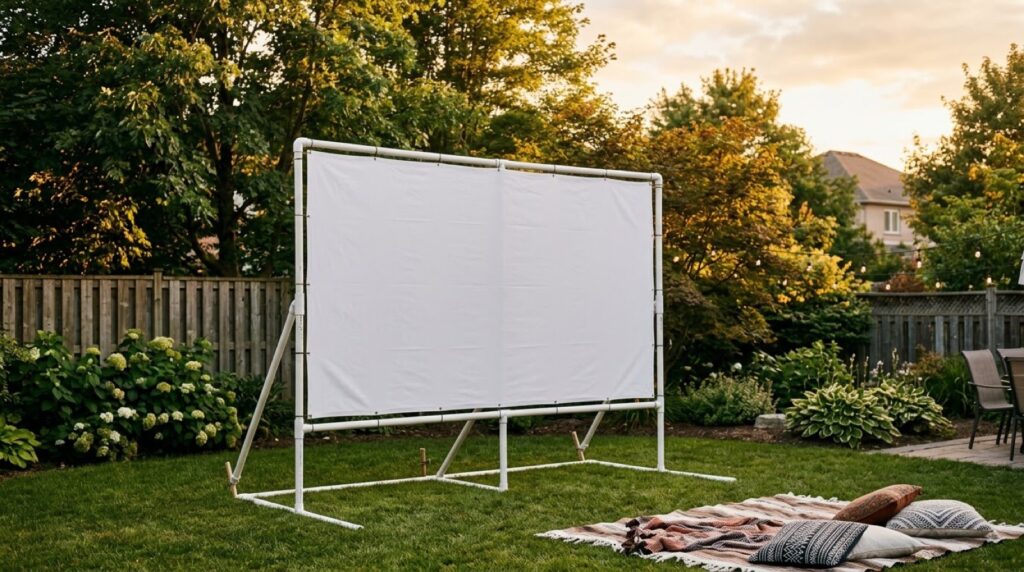 Assembled PVC pipe frame and blackout cloth screen for a backyard movie night