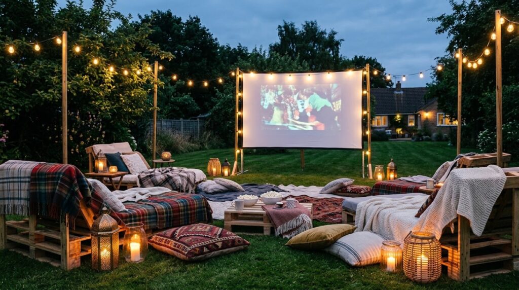 Digital projector and wireless speaker setup on a backyard movie night table