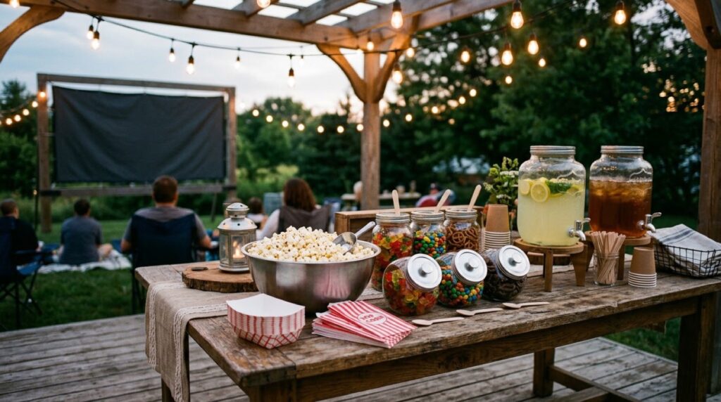 Rustic snack bar station with popcorn and treats for a family backyard movie night