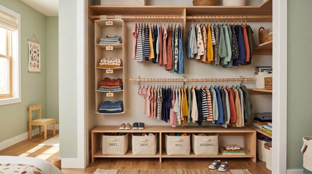 Close-up of organized kids closet shelves with clear storage bins and visual picture labels