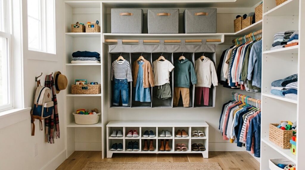 Hanging five day outfit organizer and low shoe rack in a bright organized children closet