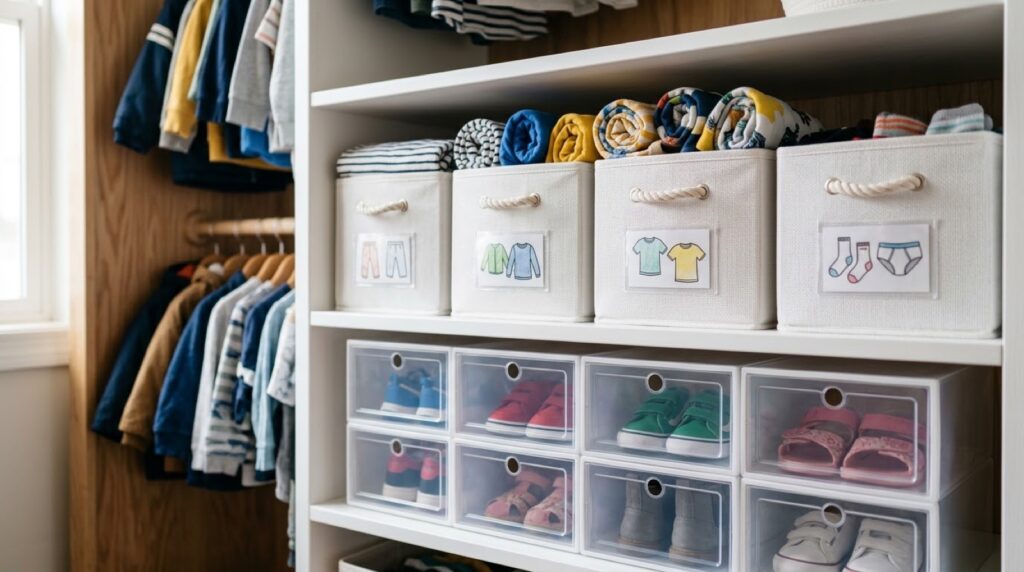Seasonal storage bins on the upper shelf of a neat kids closet system