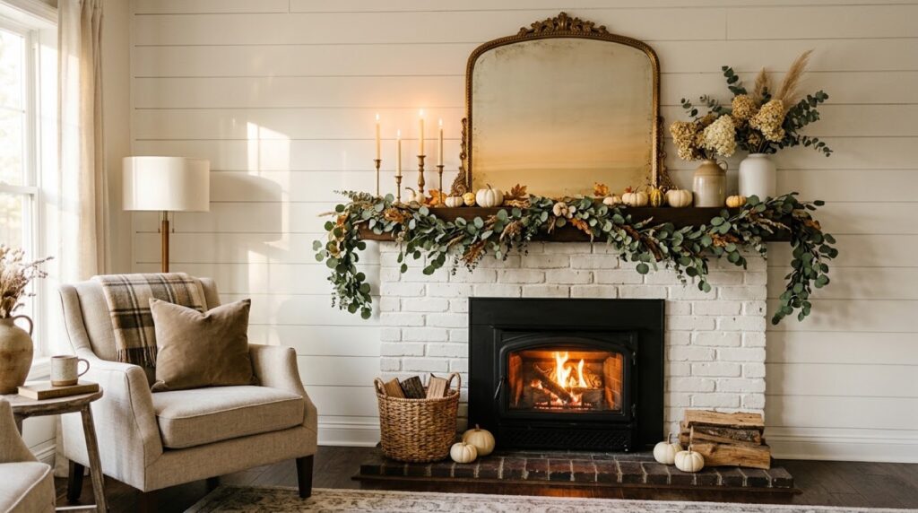 Handmade autumn garland and mini pumpkins styled on a cozy fireplace mantel