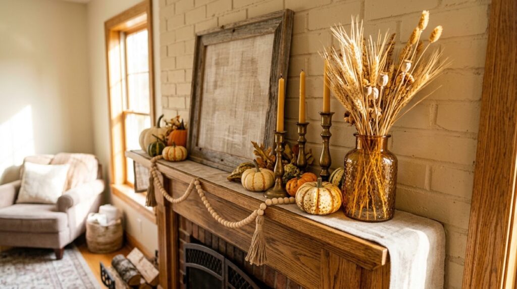 Budget-friendly fall mantel decor on an entryway console table with brass accents